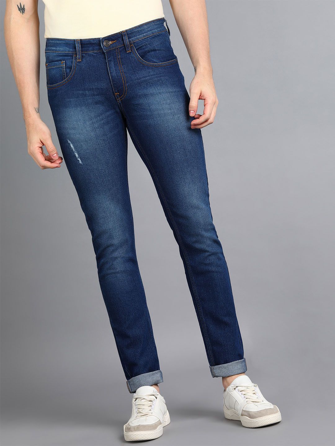 Urbano Fashion Men Washed Navy Blue Slim Fit Low Distress Light Fade Stretchable Cotton Jeans