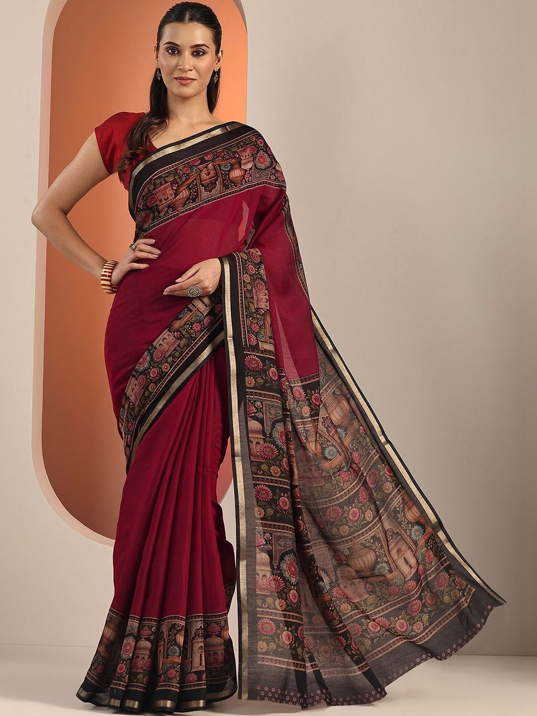 Libas Maroon Solid Cotton Blend Saree With Unstitched Blouse Piece