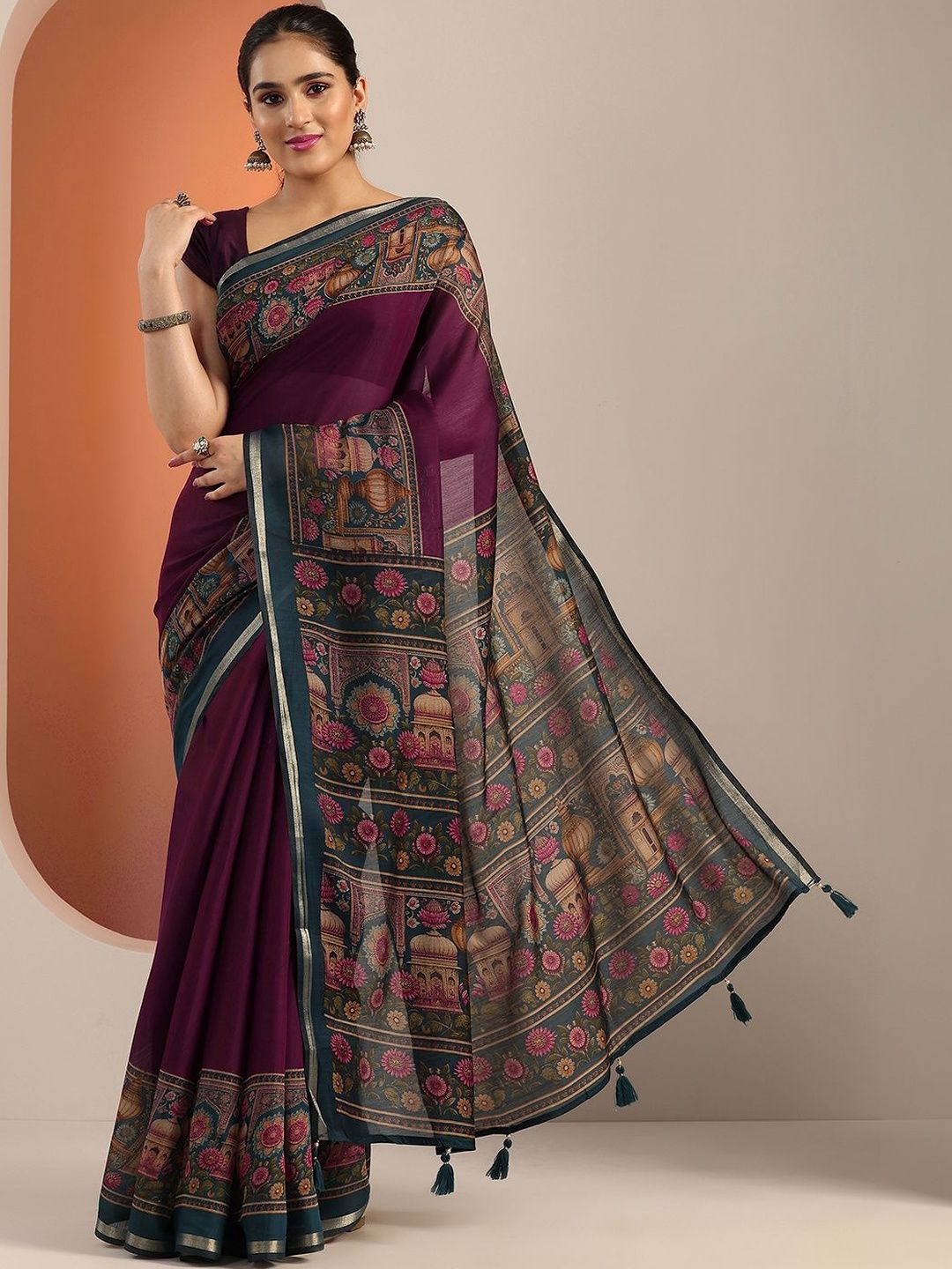 Libas Burgundy Solid Cotton Blend Saree With Unstitched Blouse Piece