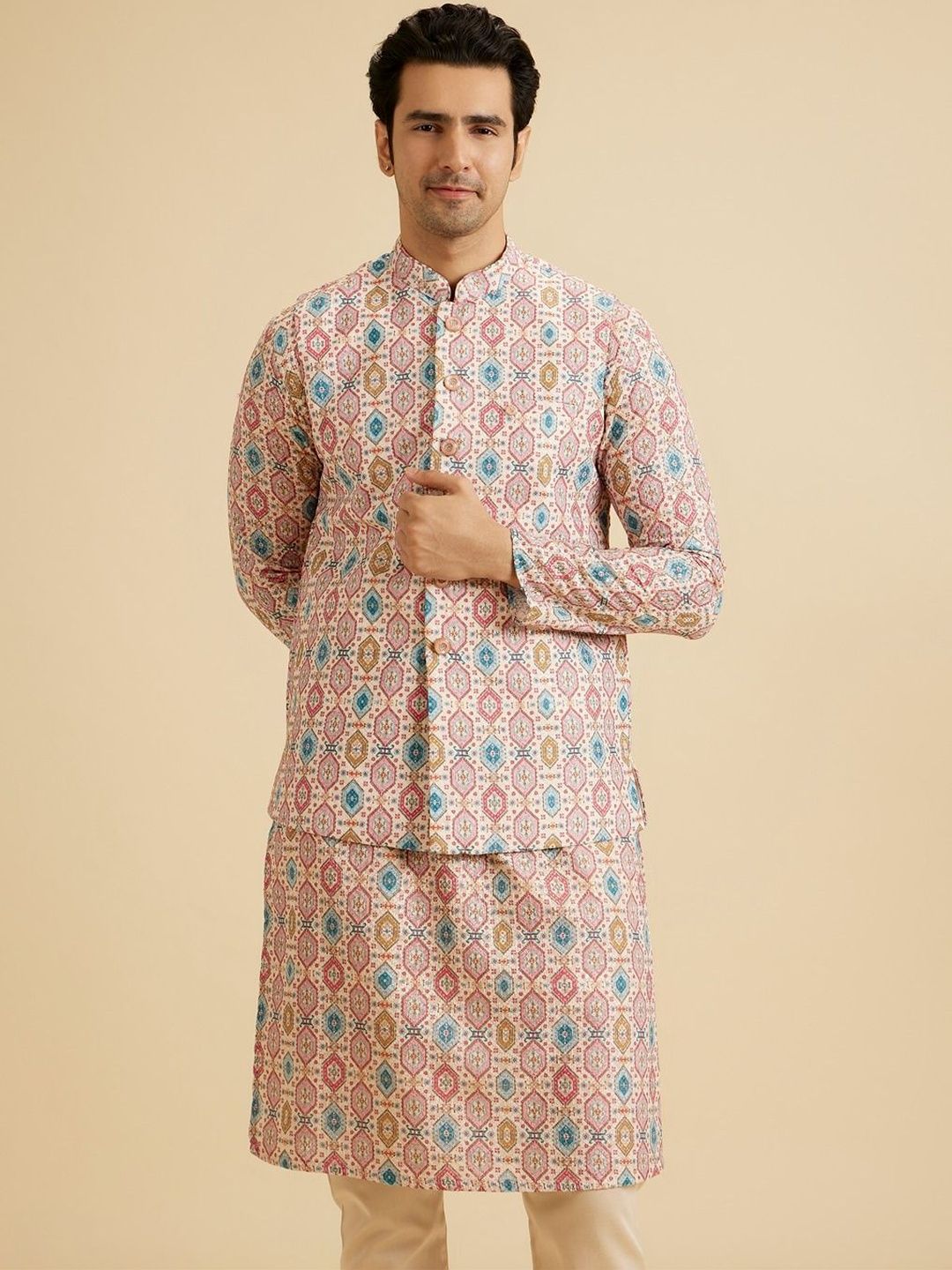 Manyavar Printed Mandarin Collar Nehru Jacket