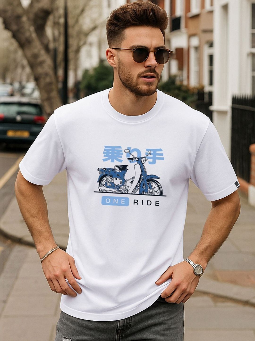Bewakoof Men White One Ride Graphic Printed Oversized T-shirt