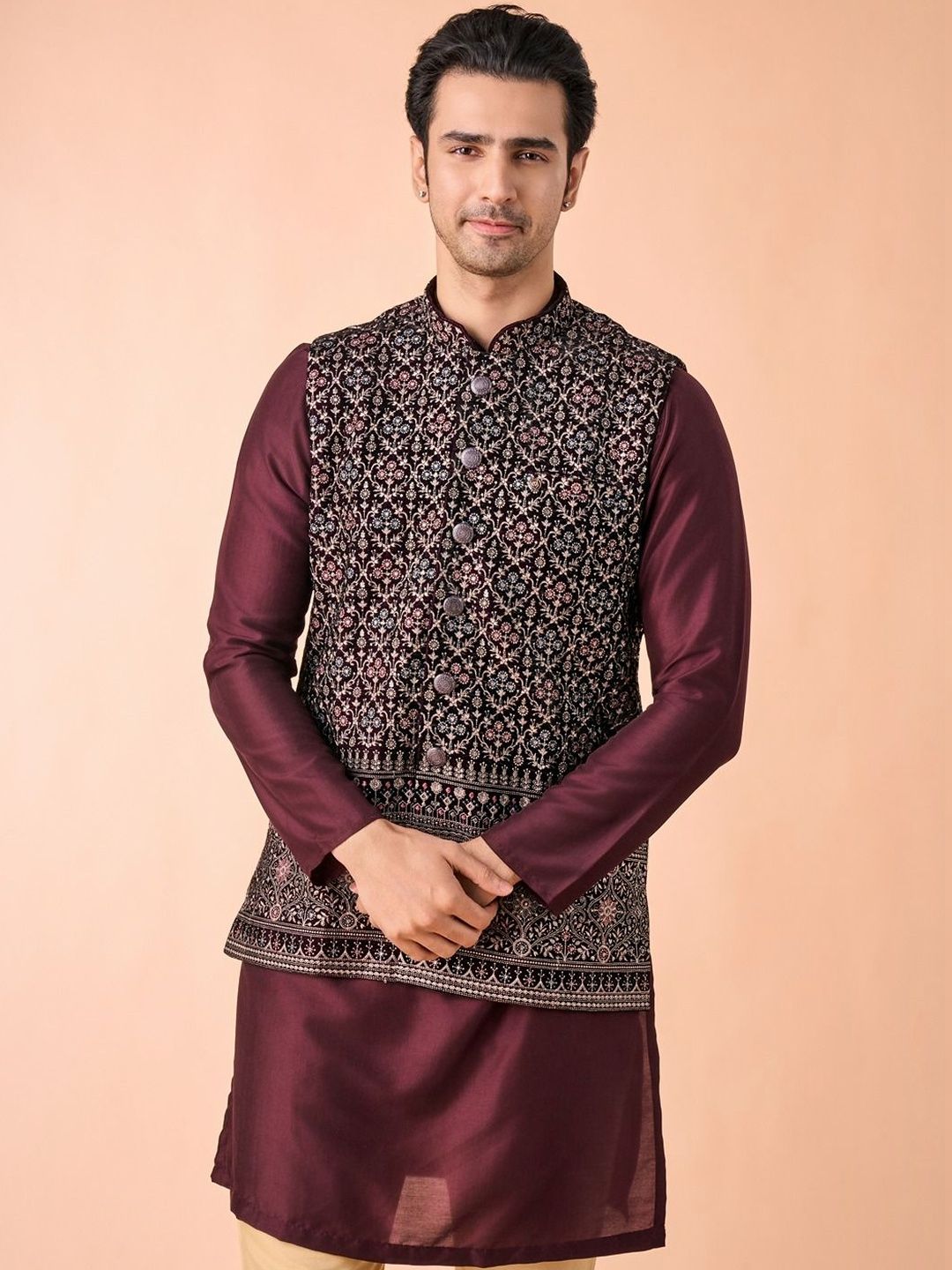 Manyavar Embroidered Velvet Mandarin Collar Nehru Jacket