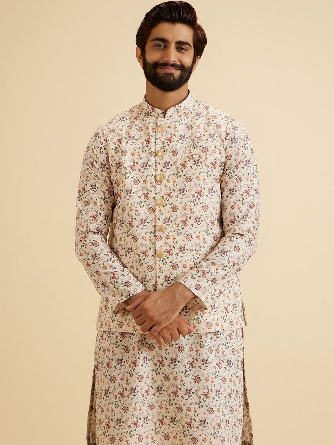 Manyavar Printed Mandarin Collar Nehru Jacket