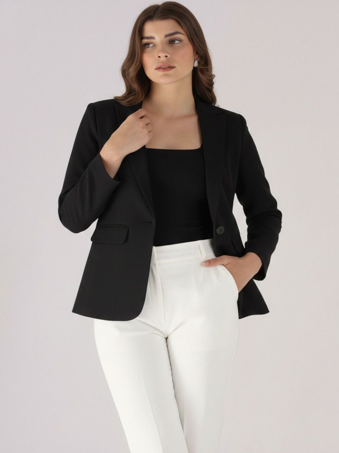THE FASHION HUB Cotton Notched Lapel Long Sleeves Single-Breasted Blazers
