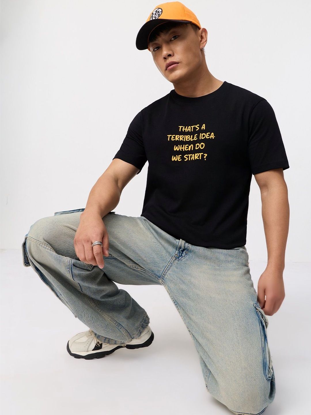 The Souled Store Men Relaxed Fit Printed Black T-Shirts