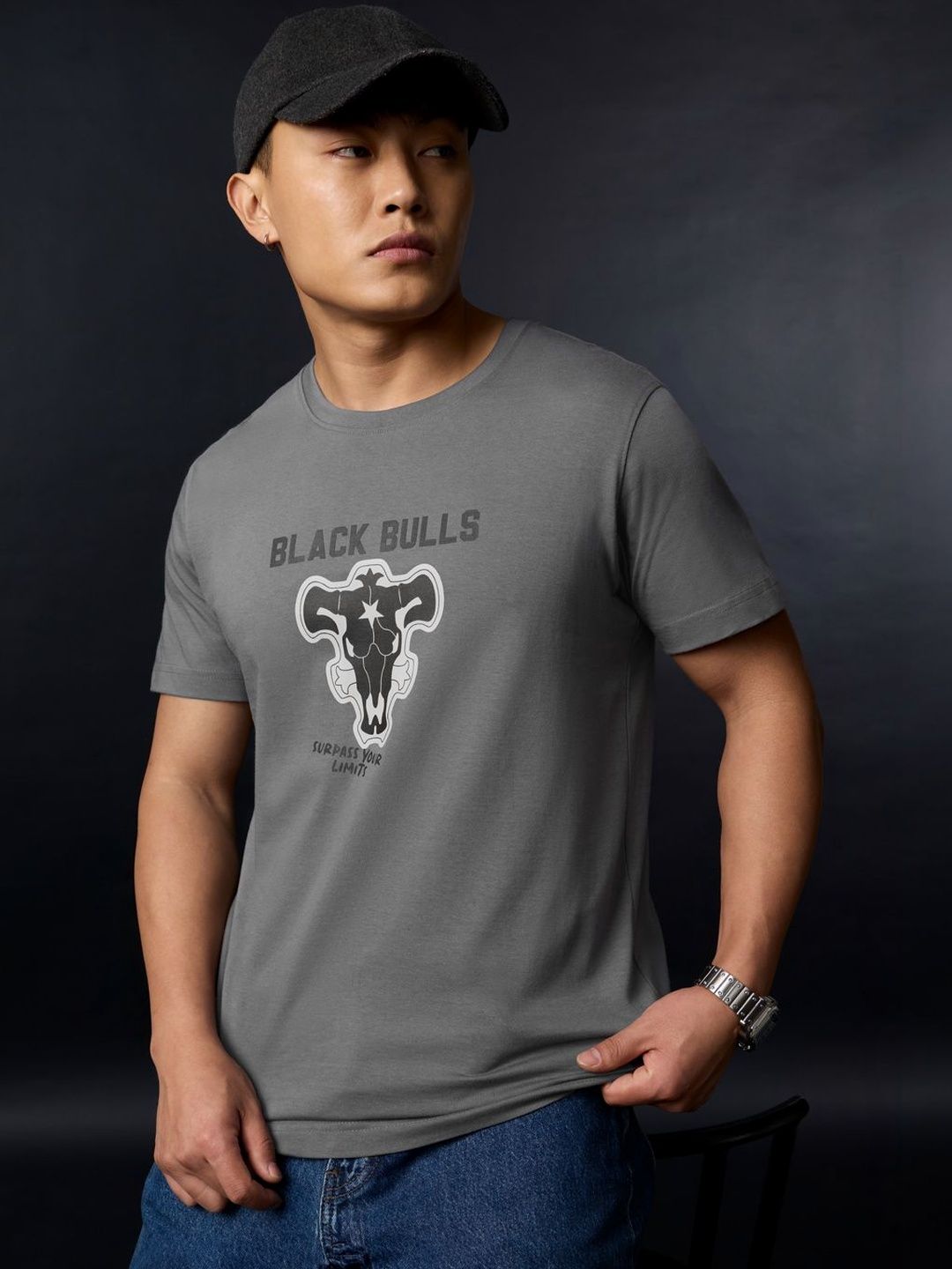 The Souled Store Men Regular Fit Black Clover Printed Grey T-Shirts