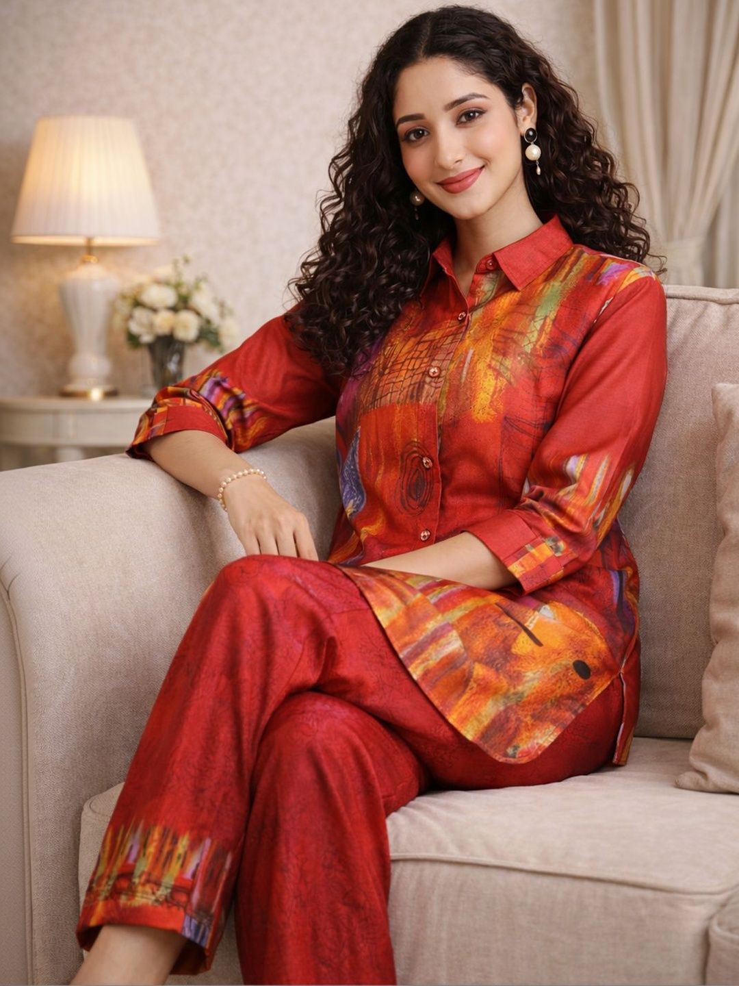 Anouk Rustic Printed Shirt Collar Shirt & Trousers Co-Ords