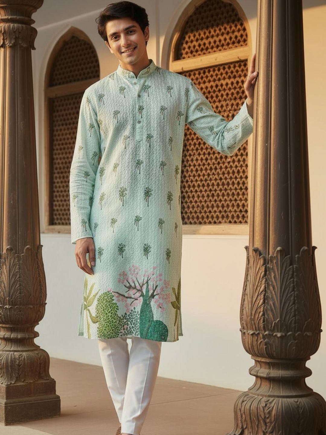 House of Pataudi Embroidered Cotton Mandarin Collar Knee Length Straight Kurta