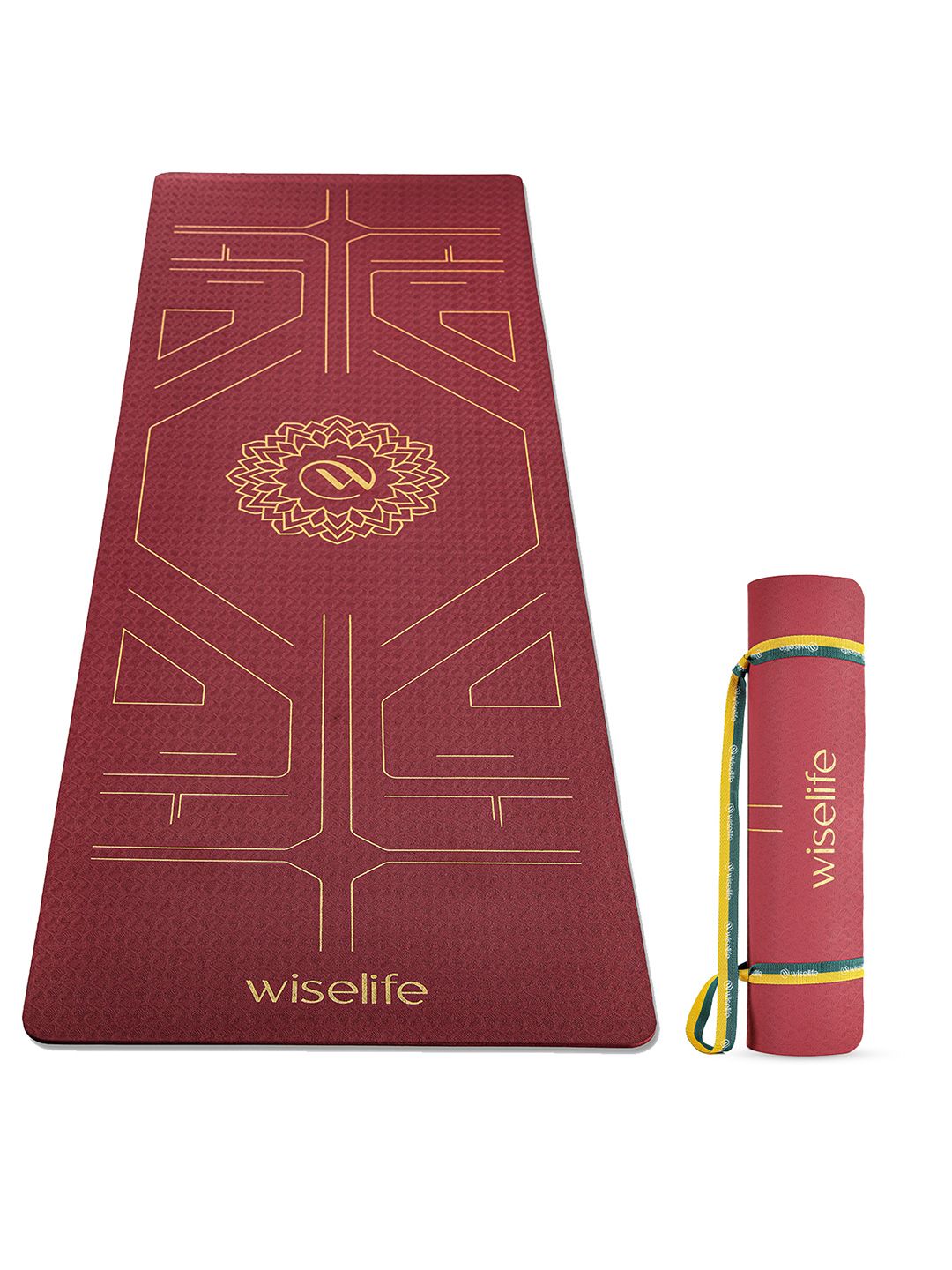 WiseLife WiseLife Maroon & Gold Toned Printed Rectangular Anti-Skid Yoga Mat With Sleek Strap