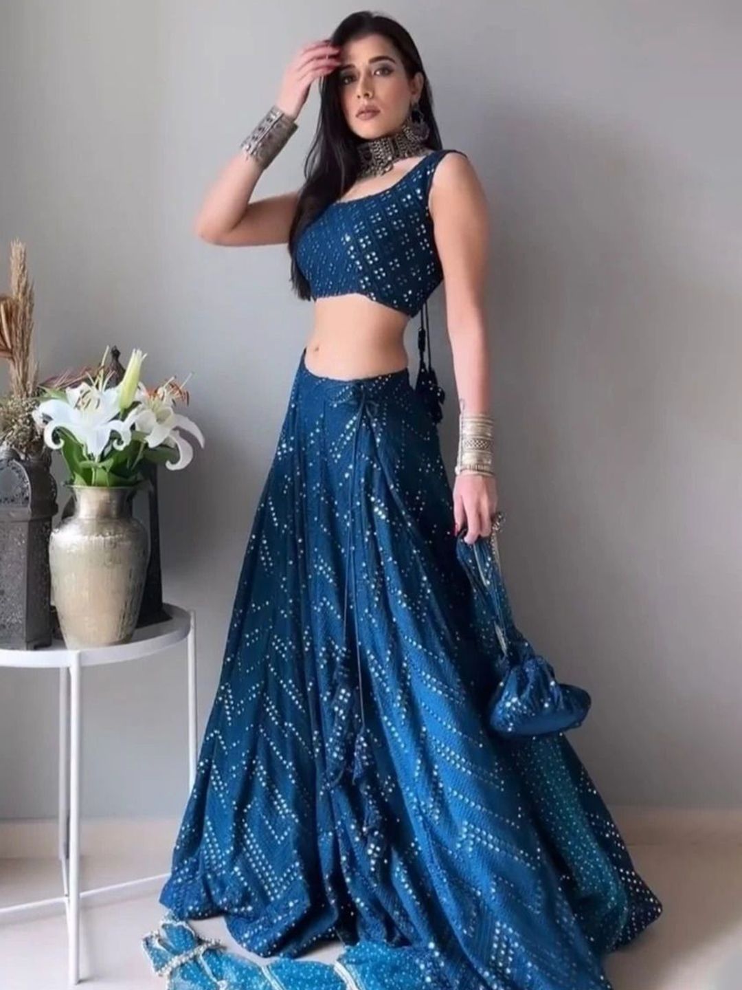 UDBHAV EXPORT Embellished Sequinned Semi-Stitched Lehenga & Unstitched Blouse With Dupatta