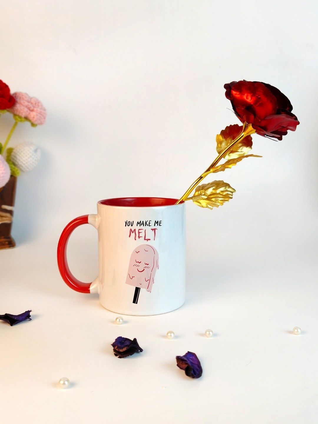 Giftii Red Ceramic Heart Mug With Rose Home Gift Sets