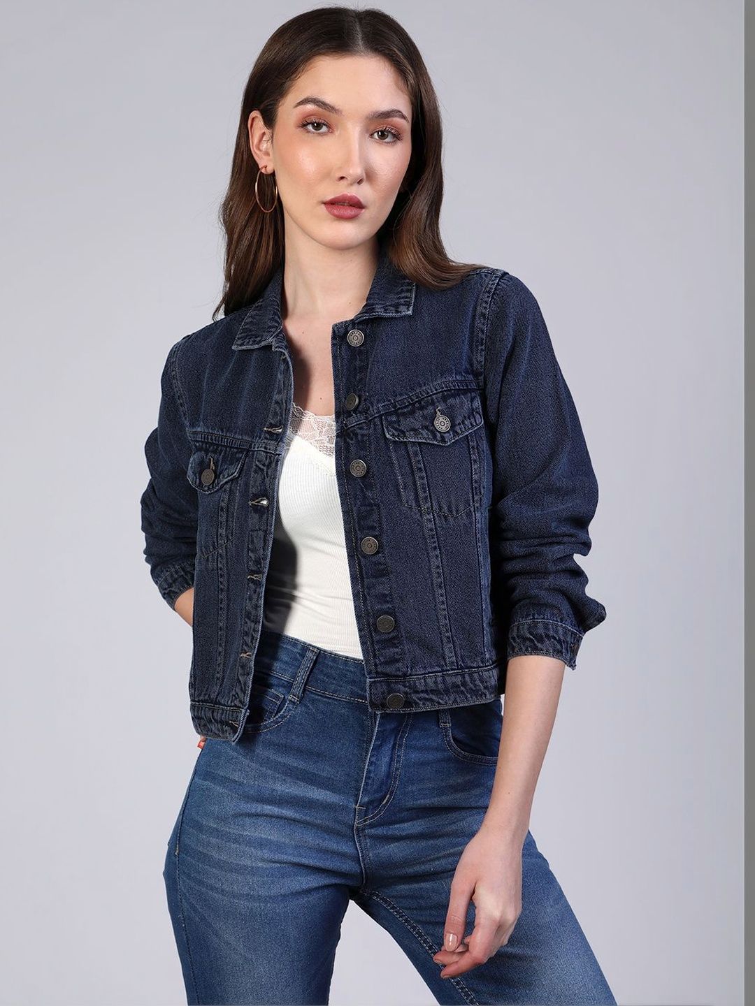 Urbano Fashion Women Dark Blue Regular Fit Washed Full Sleeve Denim Jacket