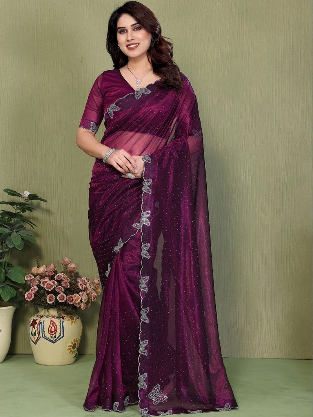 STYLETONE Embellished Beads and Stones Net Heavy Work Saree