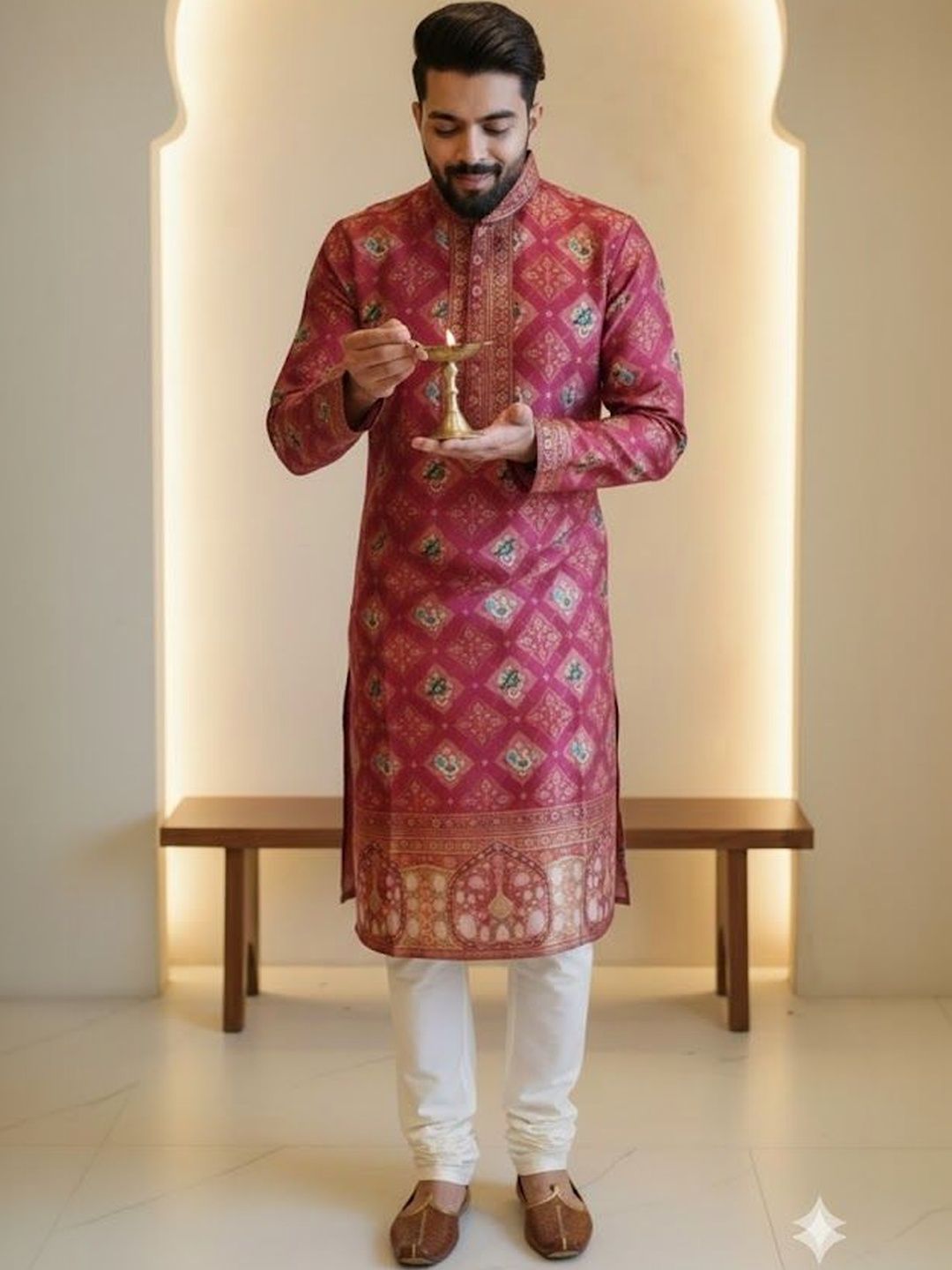 House of Pataudi Printed Mandarin Collar Knee Length Straight Kurta
