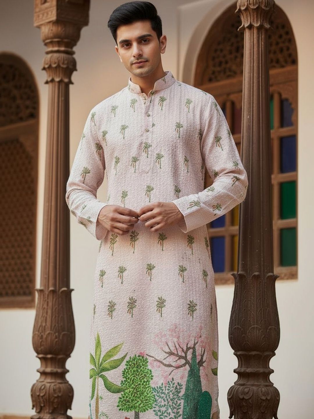 House of Pataudi Embroidered Cotton Mandarin Collar Knee Length Straight Kurta