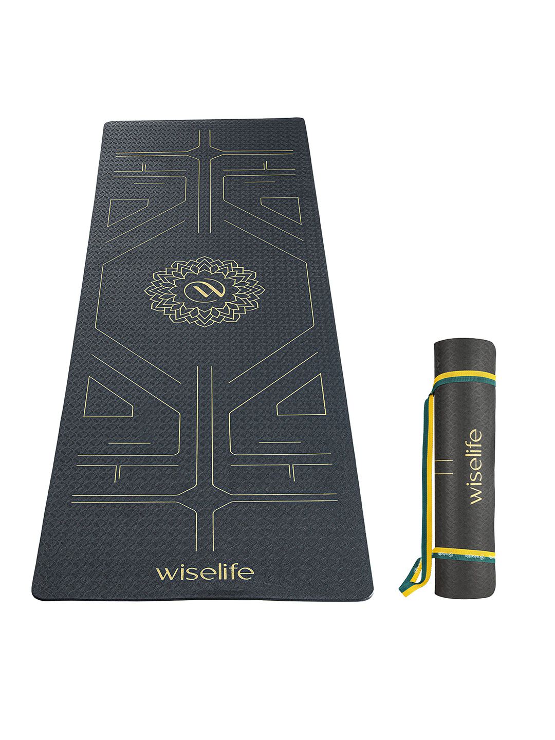 WiseLife WiseLife Black & Gold Toned Printed Rectangular Anti-Skid Yoga Mat With Sleek Strap