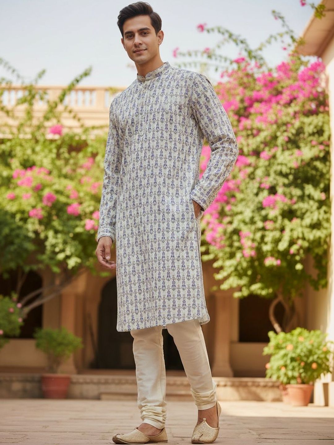 House of Pataudi Embroidered Cotton Mandarin Collar Knee Length Straight Kurta