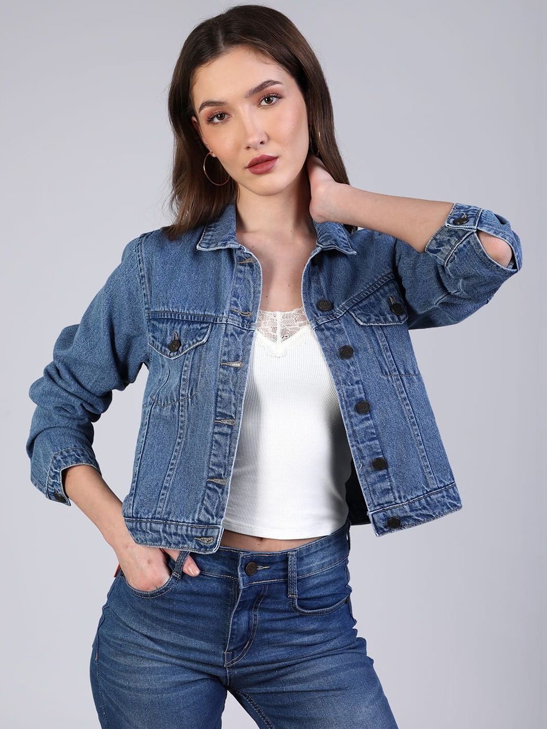 Urbano Fashion Women Light Blue Regular Fit Washed Full Sleeve Denim Jacket