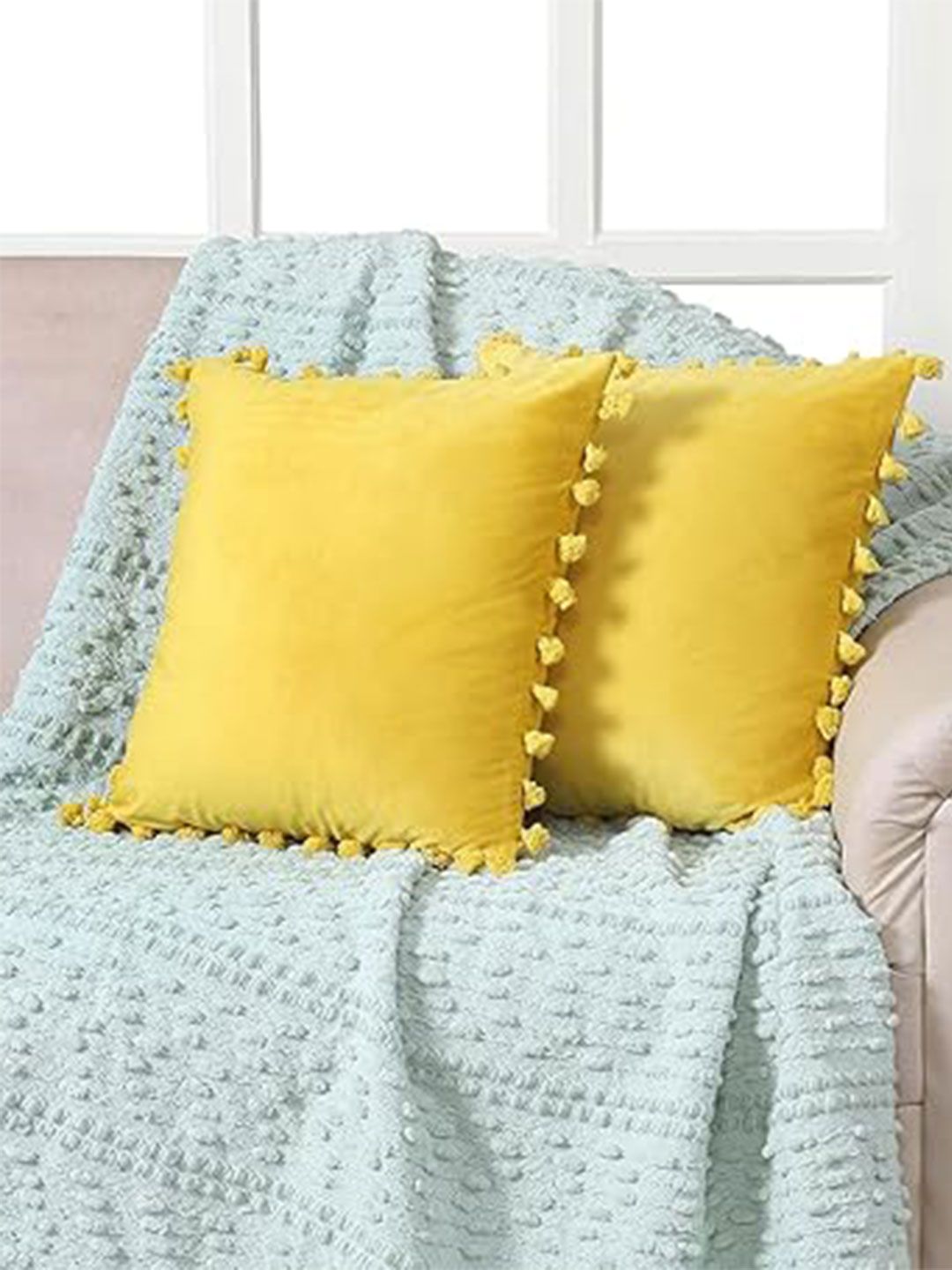 KNOTTING HOME Yellow Set of 2 Velvet Square Cushion Covers