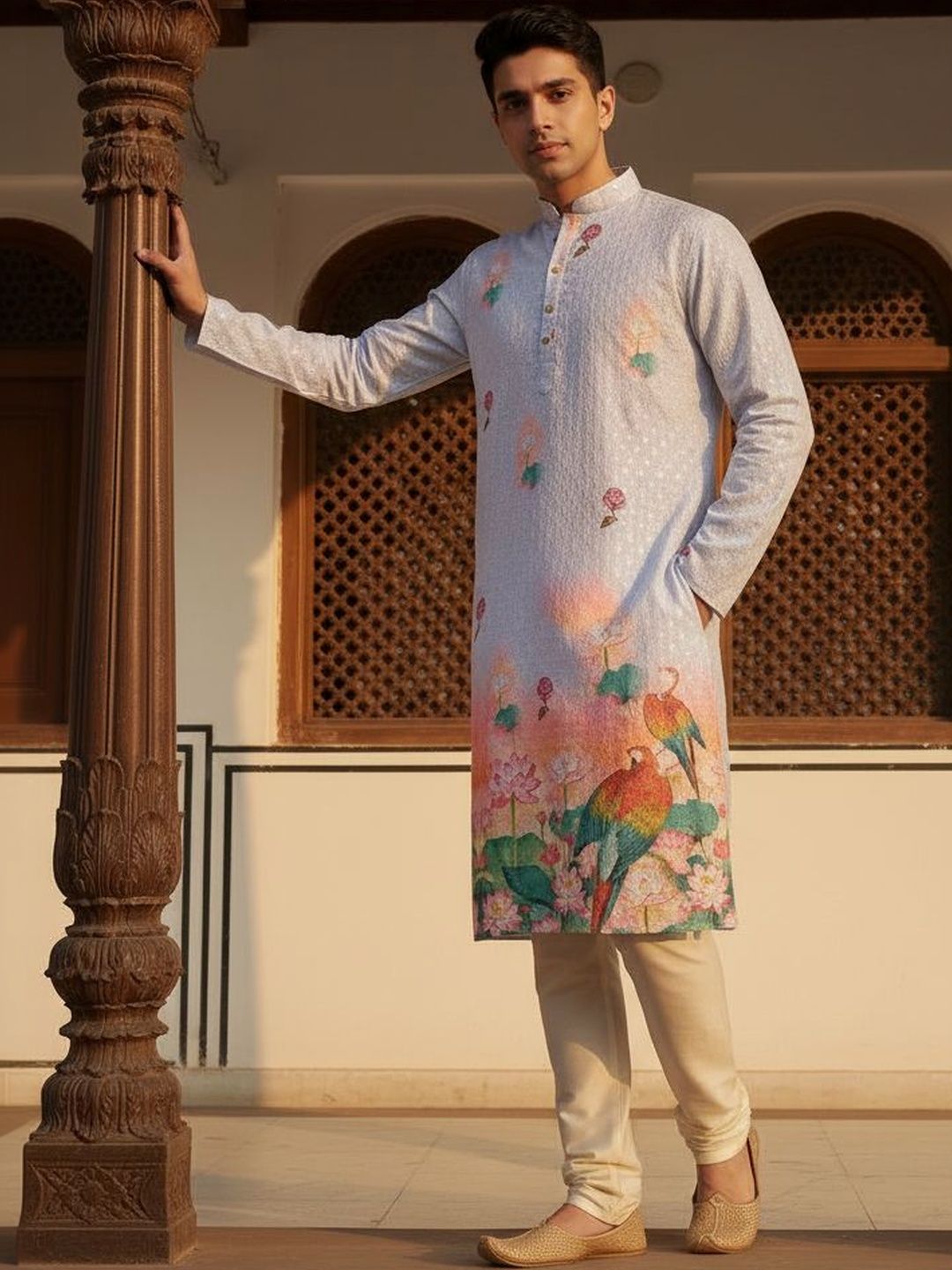 House of Pataudi Embroidered Cotton Mandarin Collar Knee Length Straight Kurta