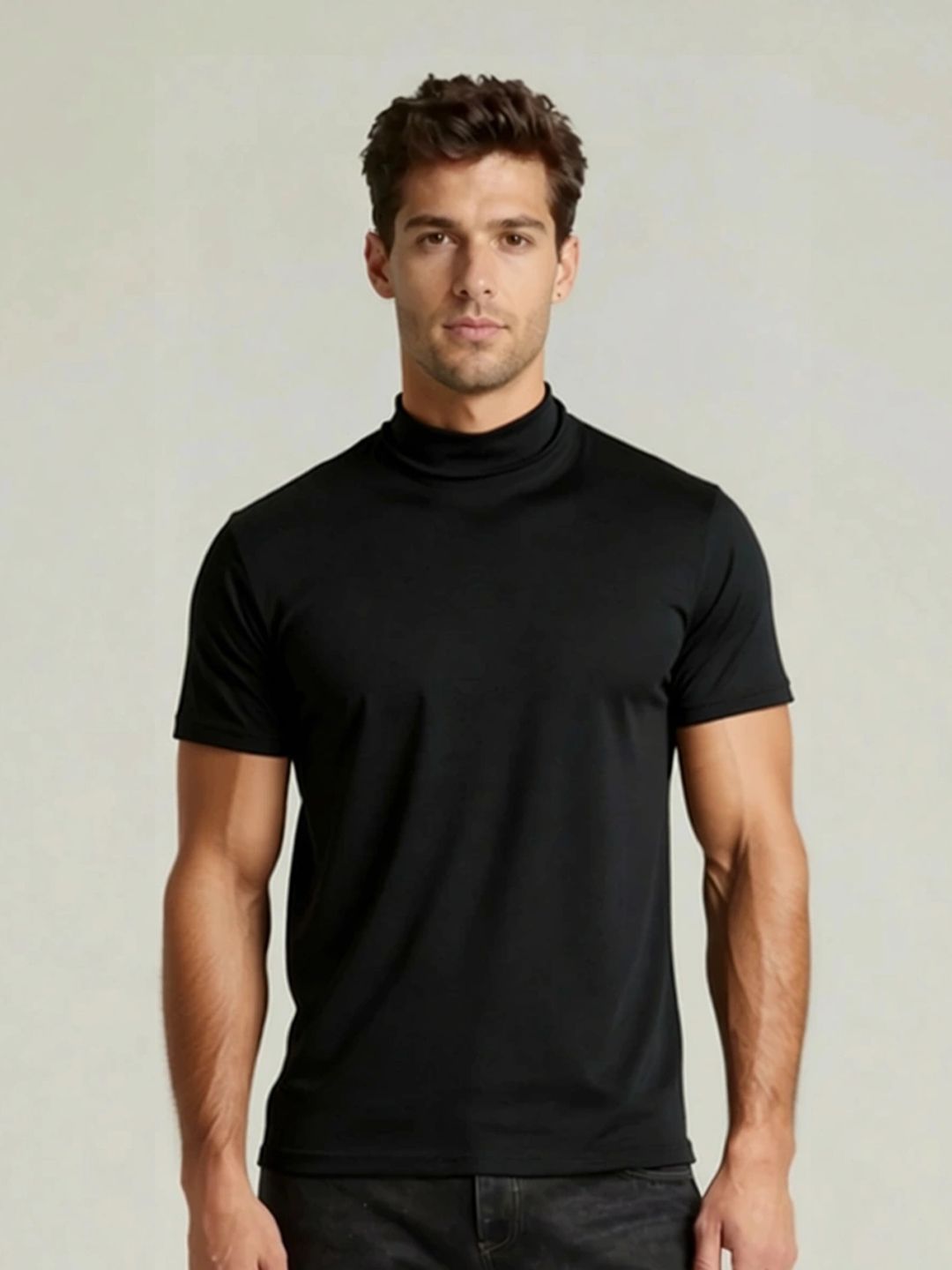 ANDREW HILL Men's Black Muscle Fit High Neck T-shirt