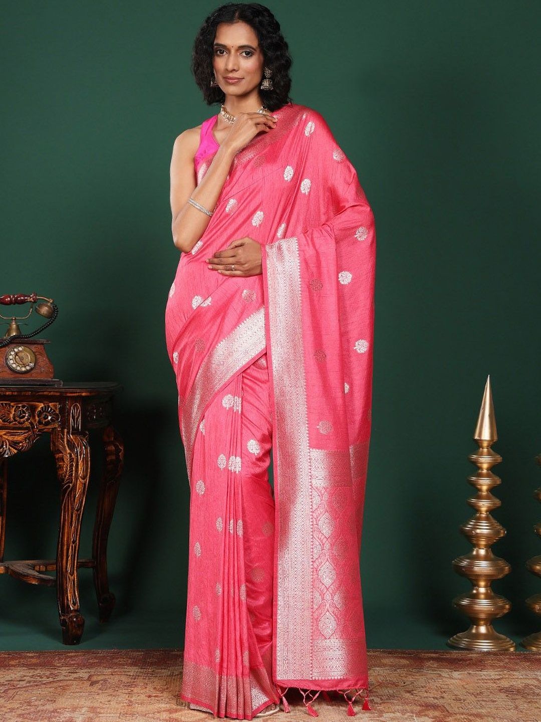 Meena Bazaar Ethnic Motifs Zari Art Silk Heavy Work Saree