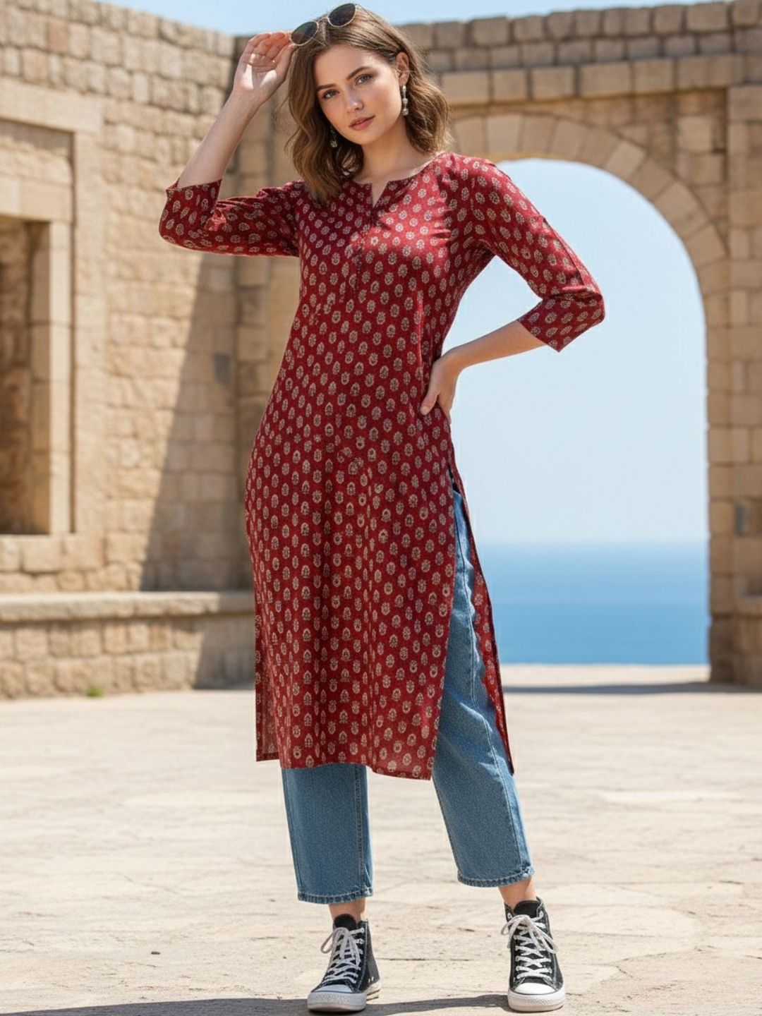 AADVIKA Women Floral Printed Thread Work Kurta