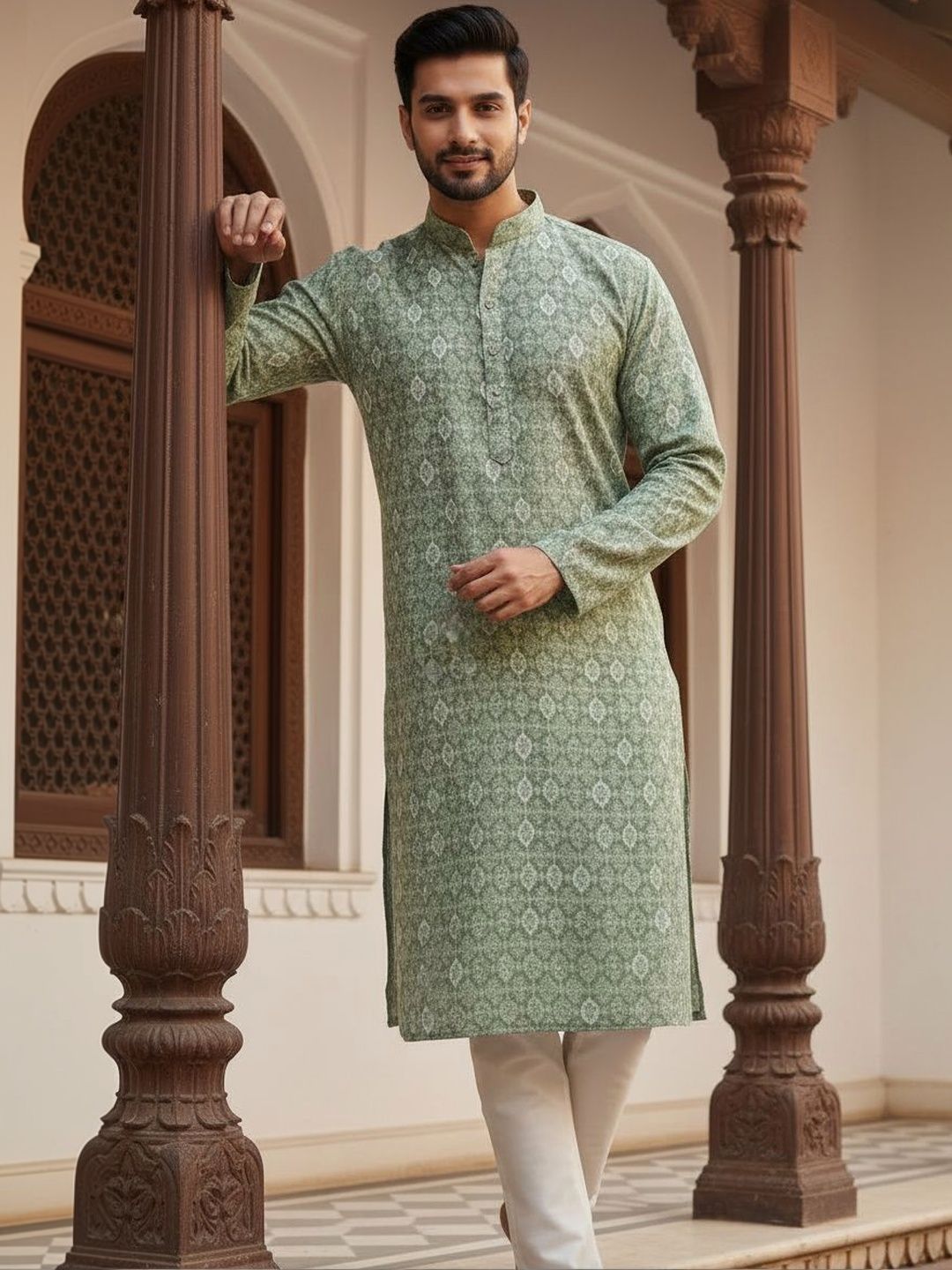 House of Pataudi Embroidered Cotton Mandarin Collar Knee Length Straight Kurta