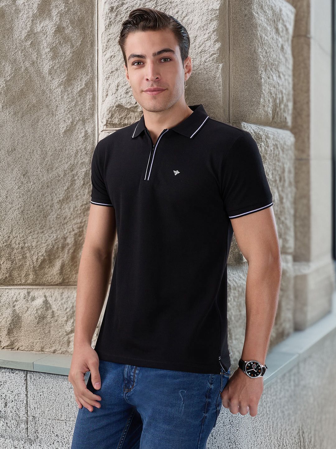Status Quo Men Solid Regular Fit Zipper Polo T-Shirt