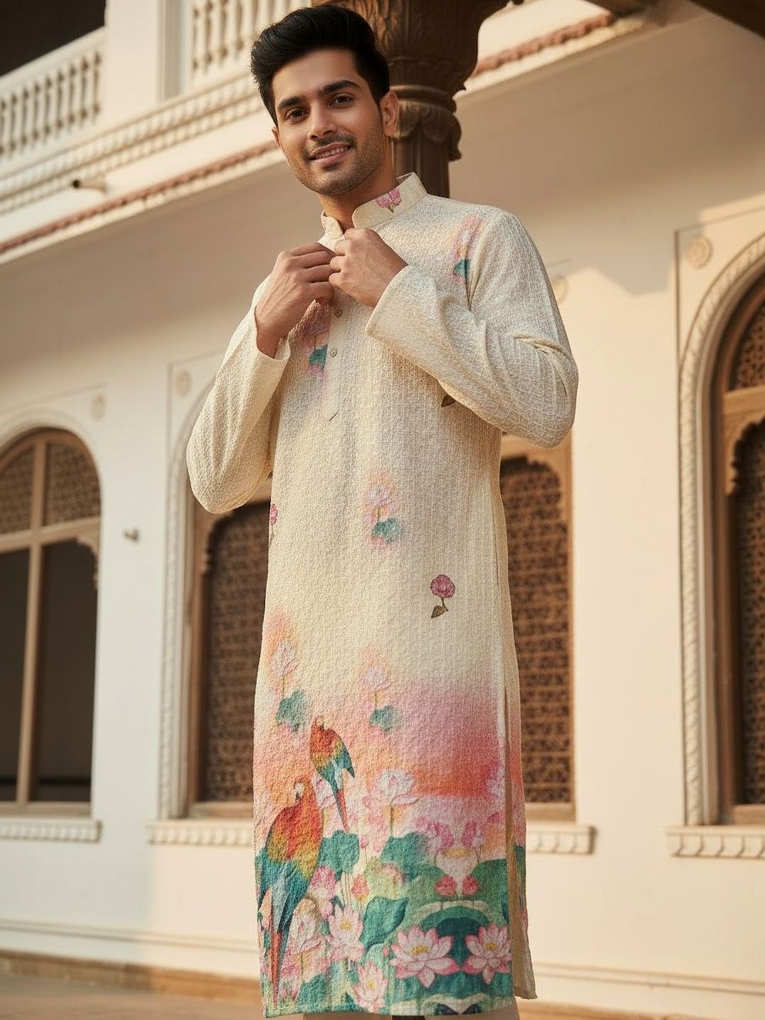 House of Pataudi Embroidered Cotton Mandarin Collar Knee Length Straight Kurta
