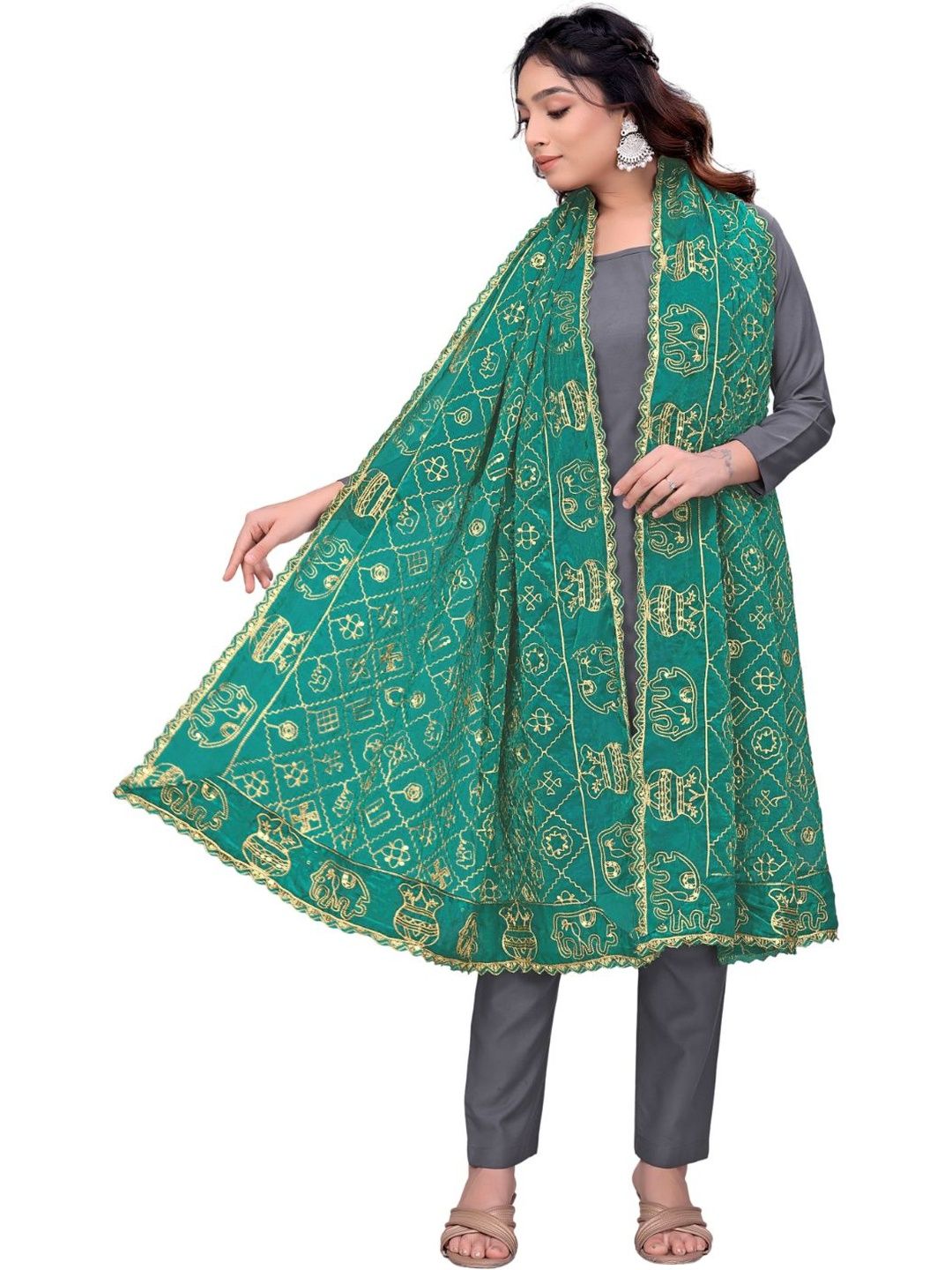 Kemza Ethnic Motifs Embroidered Art Silk Ikat Dupatta with Sequinned