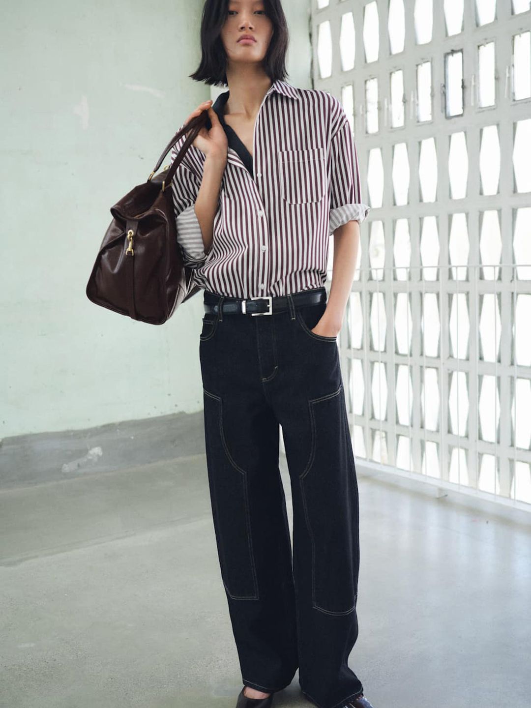 Vertical Striped Spread Collar Longline Oversized Shirt