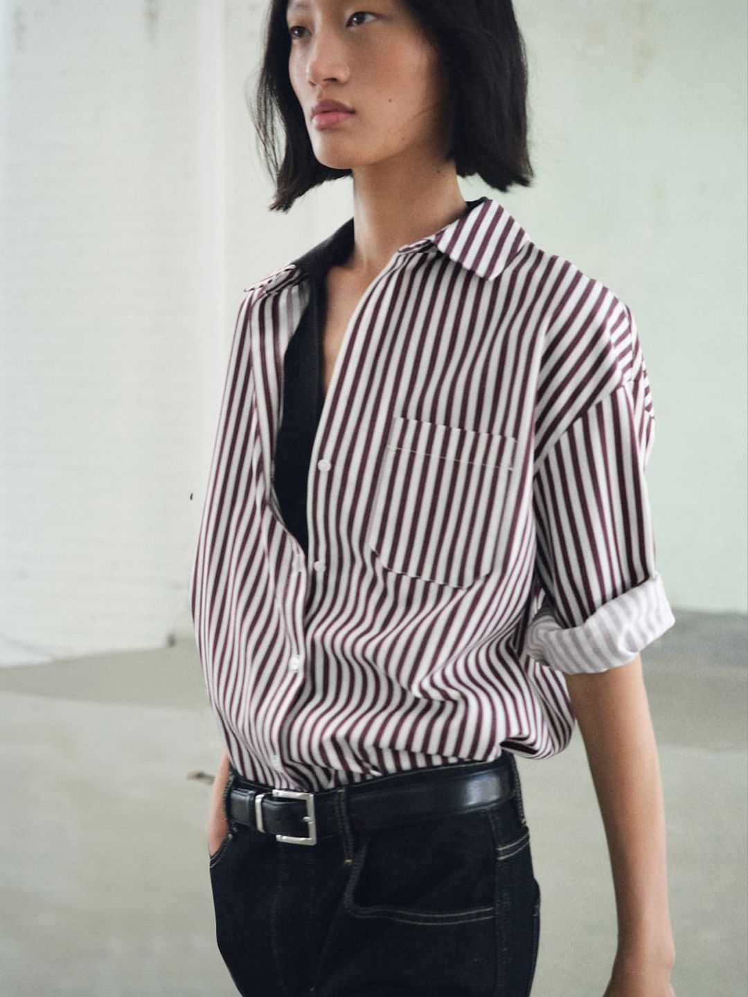 Vertical Striped Spread Collar Longline Oversized Shirt