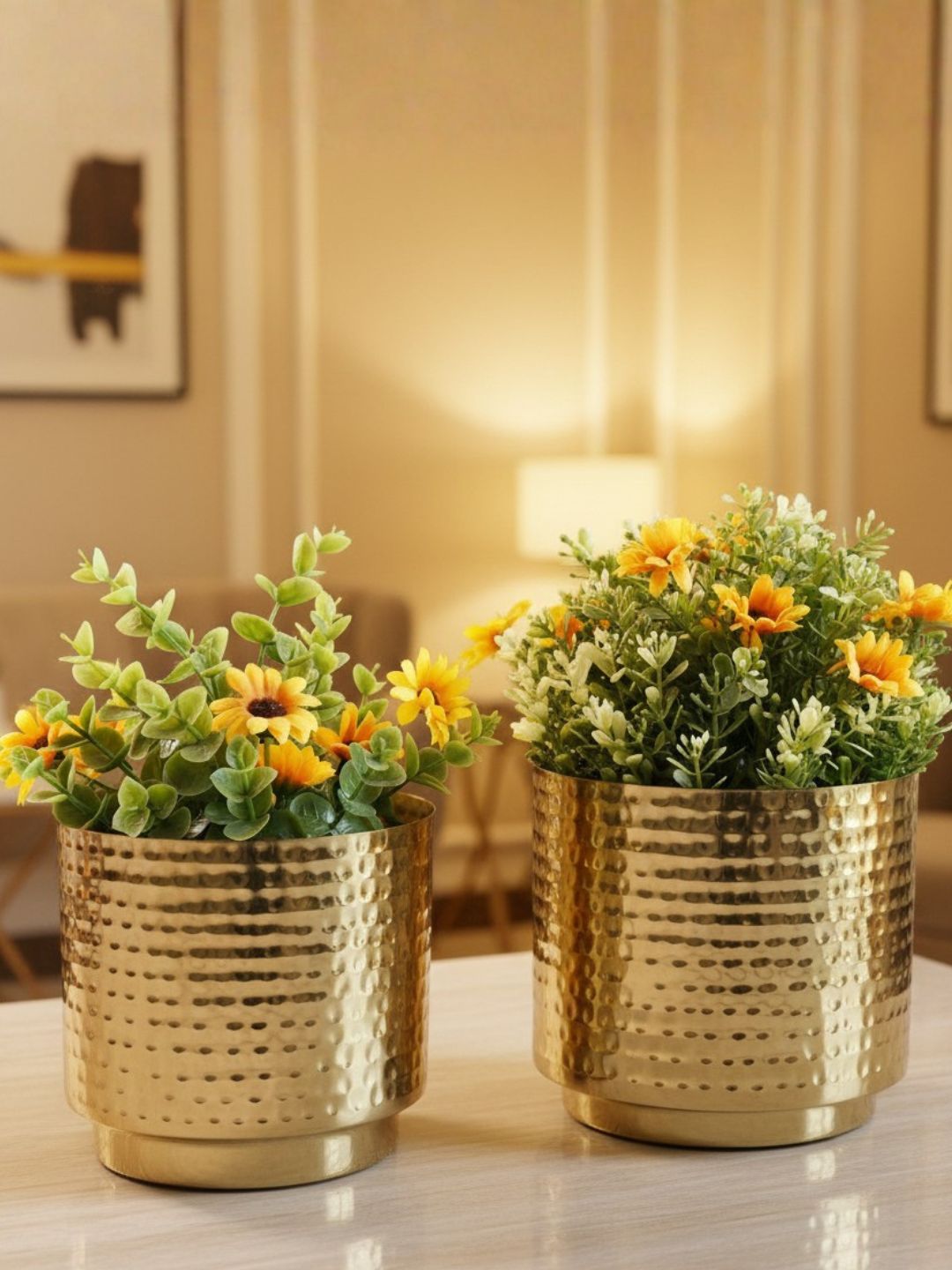 BEHOMA Gold Toned 2 Pieces Tabletop Mini Hammered Metal Planters
