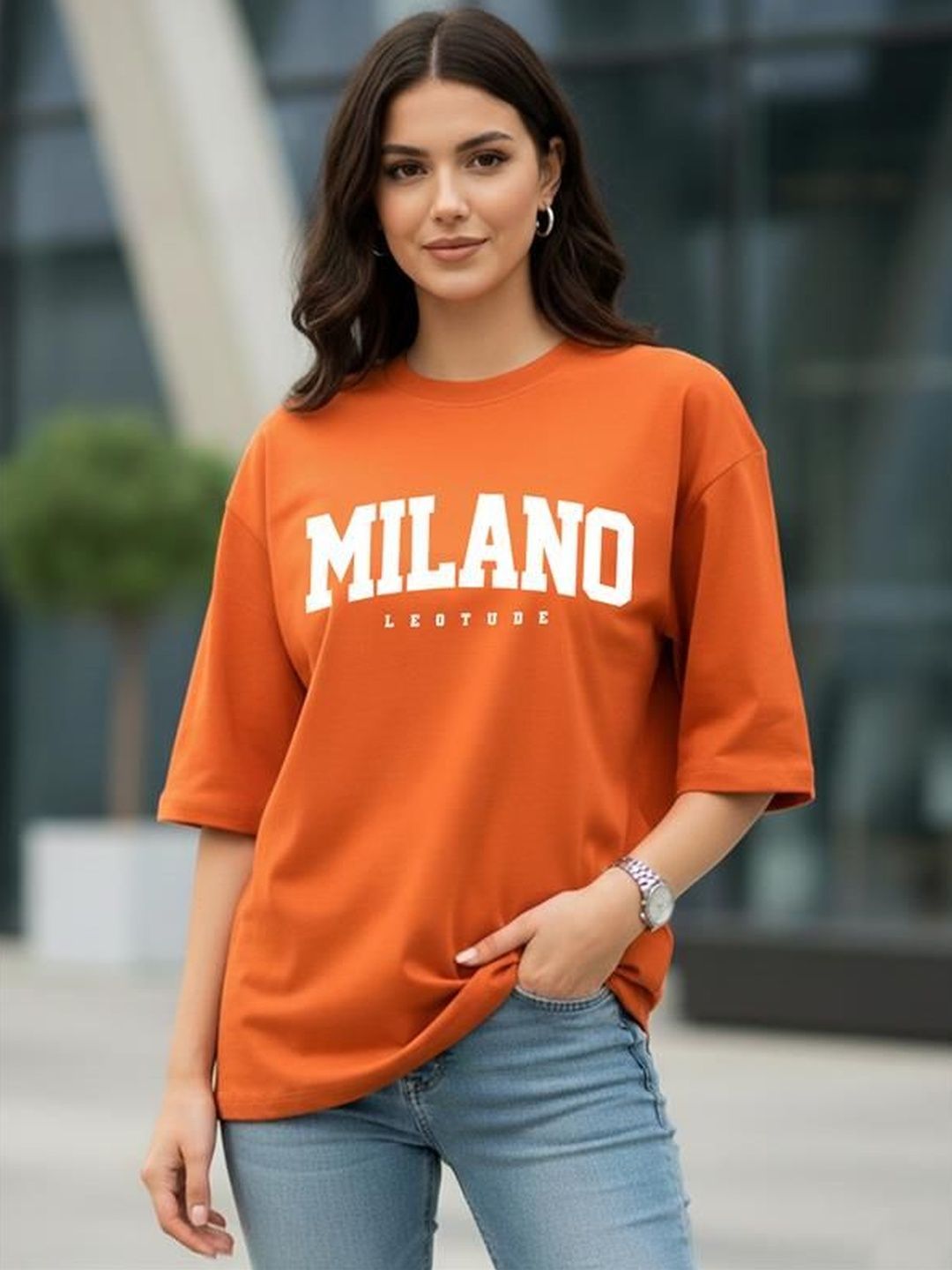 Leotude Women Typography Printed Drop-Shoulder Sleeves T-shirt