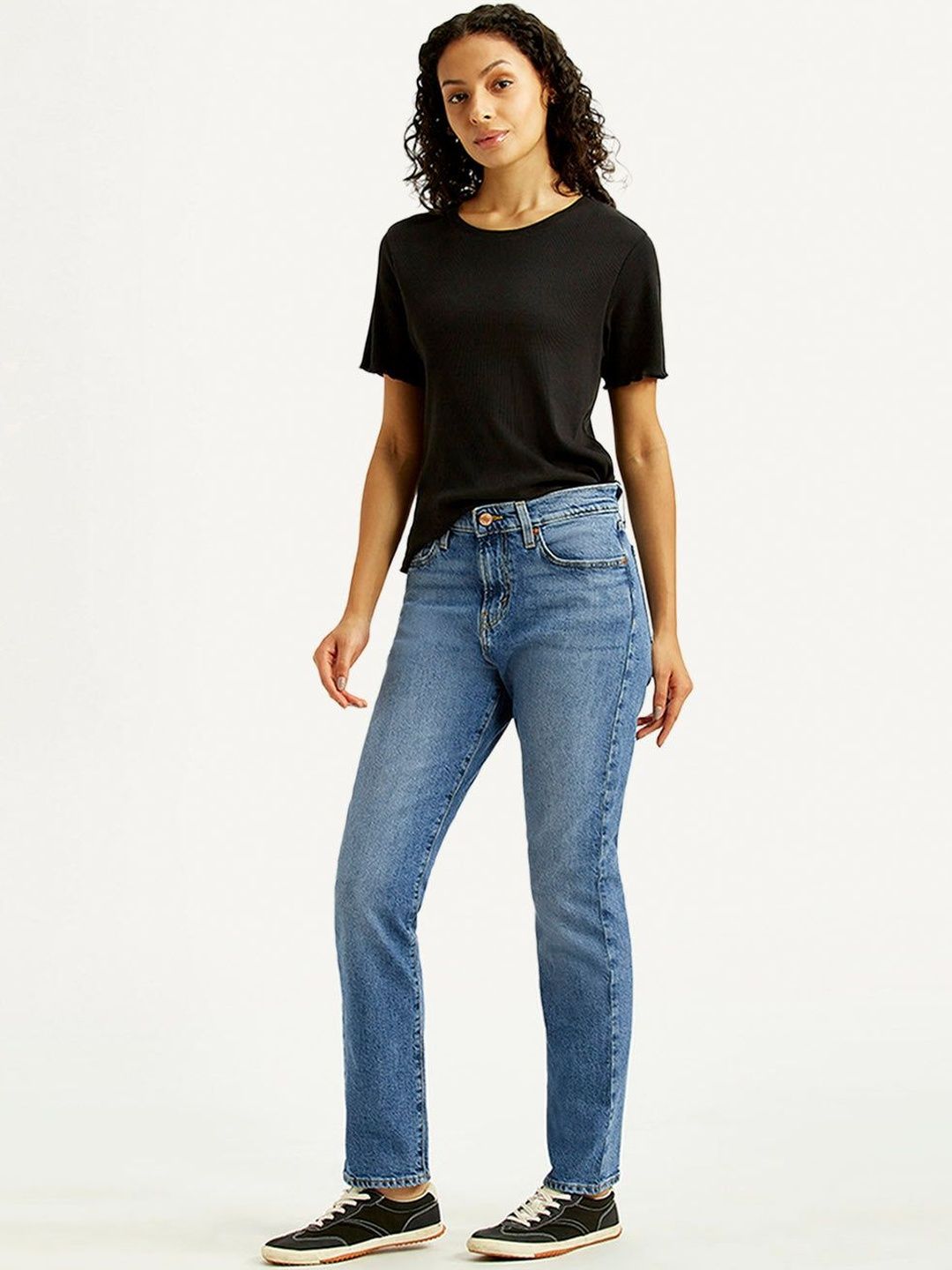 Mid Rise Wedgie Straight Fit Blue Jeans