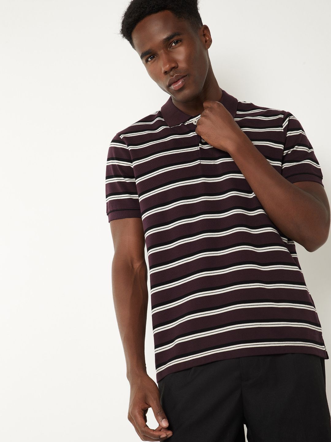 max Men Striped Polo Collar Pure Cotton T-shirt