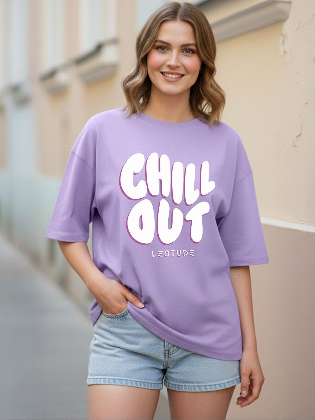 Leotude Women Typography Printed Drop-Shoulder Sleeves T-shirt