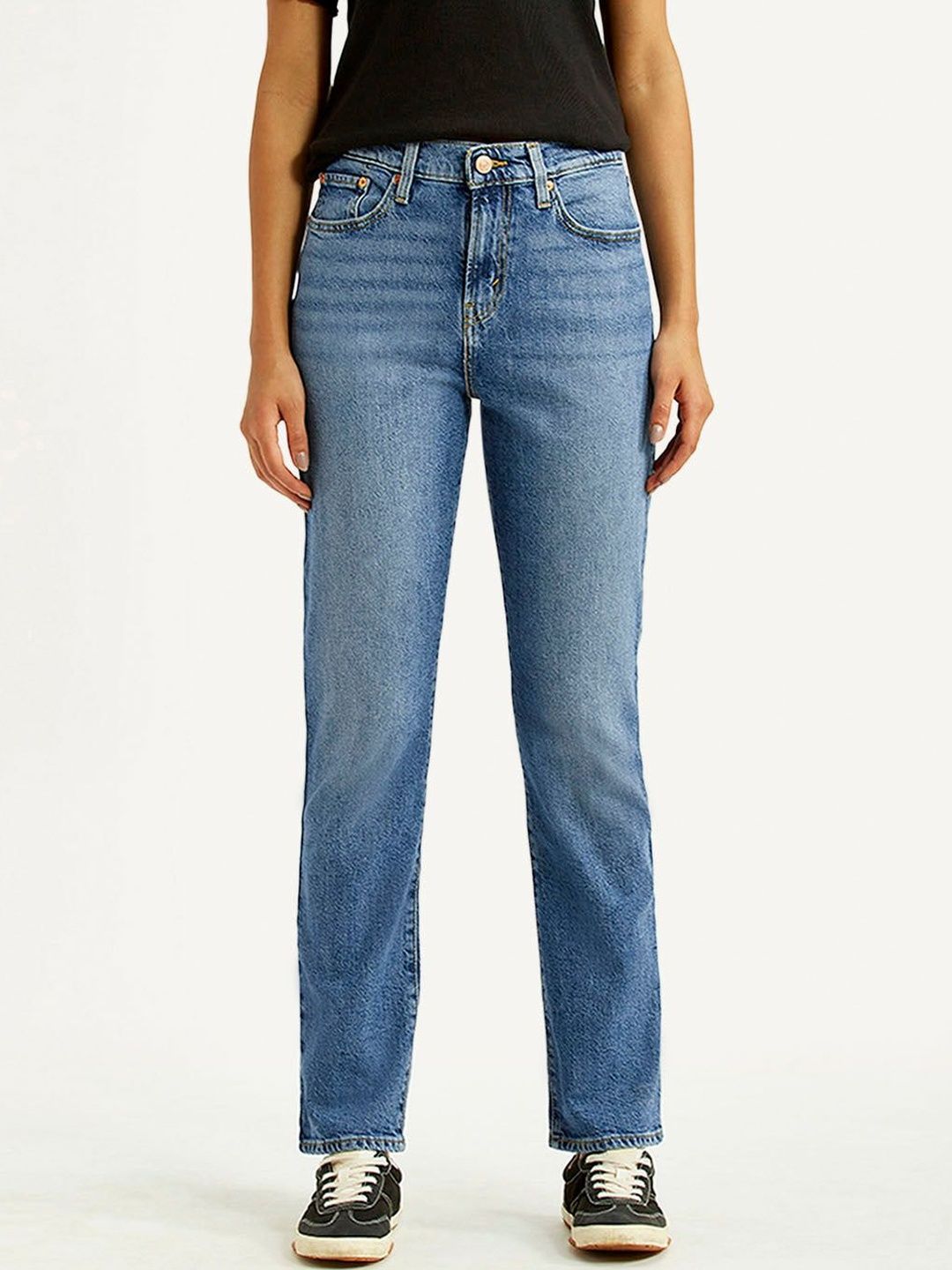 Mid Rise Wedgie Straight Fit Blue Jeans
