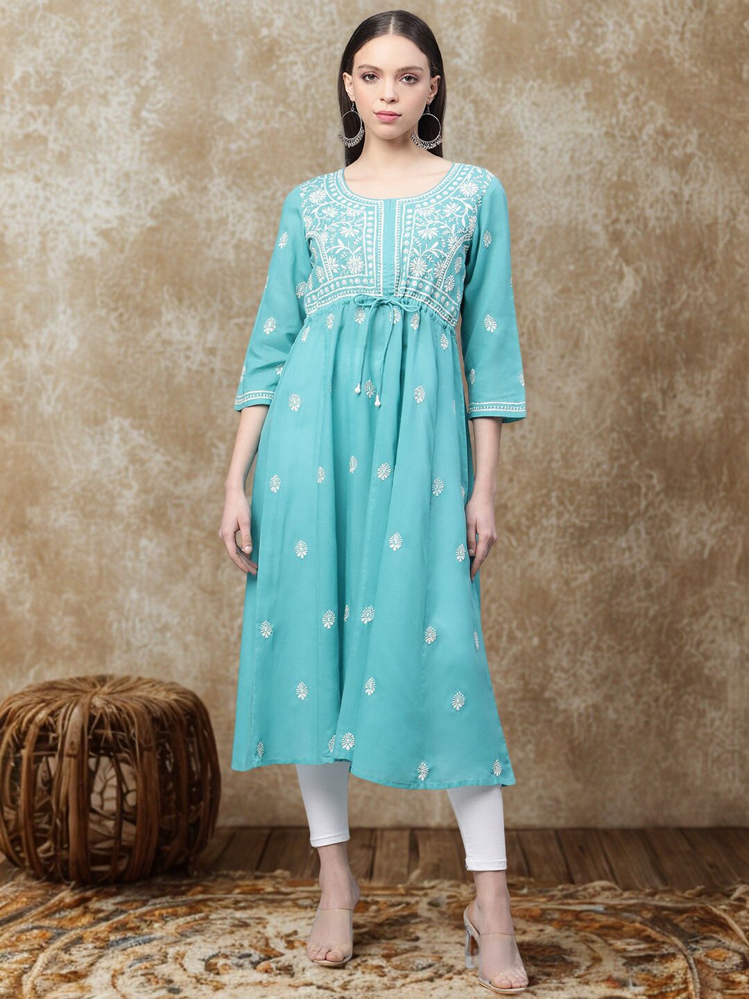 House of Pataudi Chikankari Embroidered Round Neck Anarkali Kurta With Waist Tie-Ups