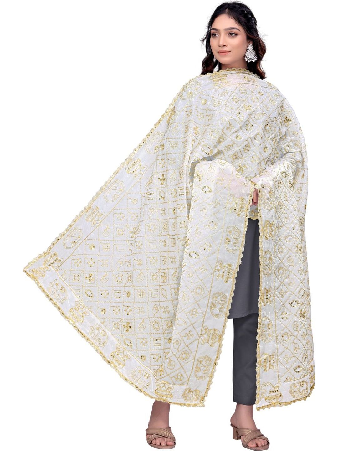 Kemza Ethnic Motifs Embroidered Art Silk Ikat Dupatta with Sequinned
