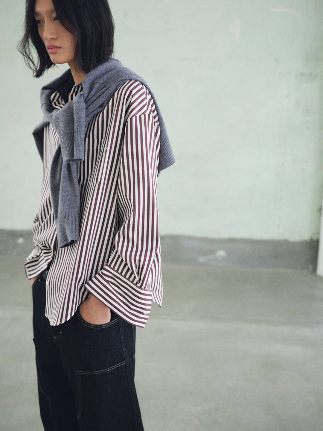 Vertical Striped Spread Collar Longline Oversized Shirt