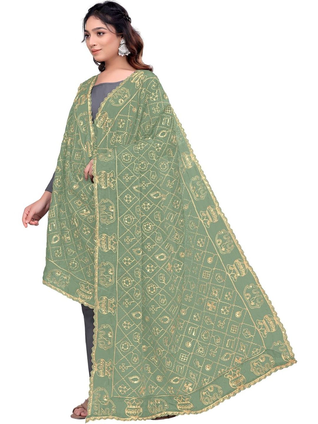 Kemza Ethnic Motifs Embroidered Art Silk Dupatta with Sequinned