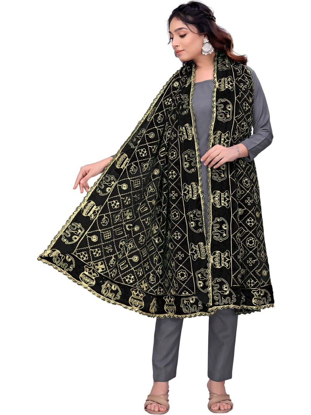 Kemza Ethnic Motifs Embroidered Art Silk Ikat Dupatta with Sequinned