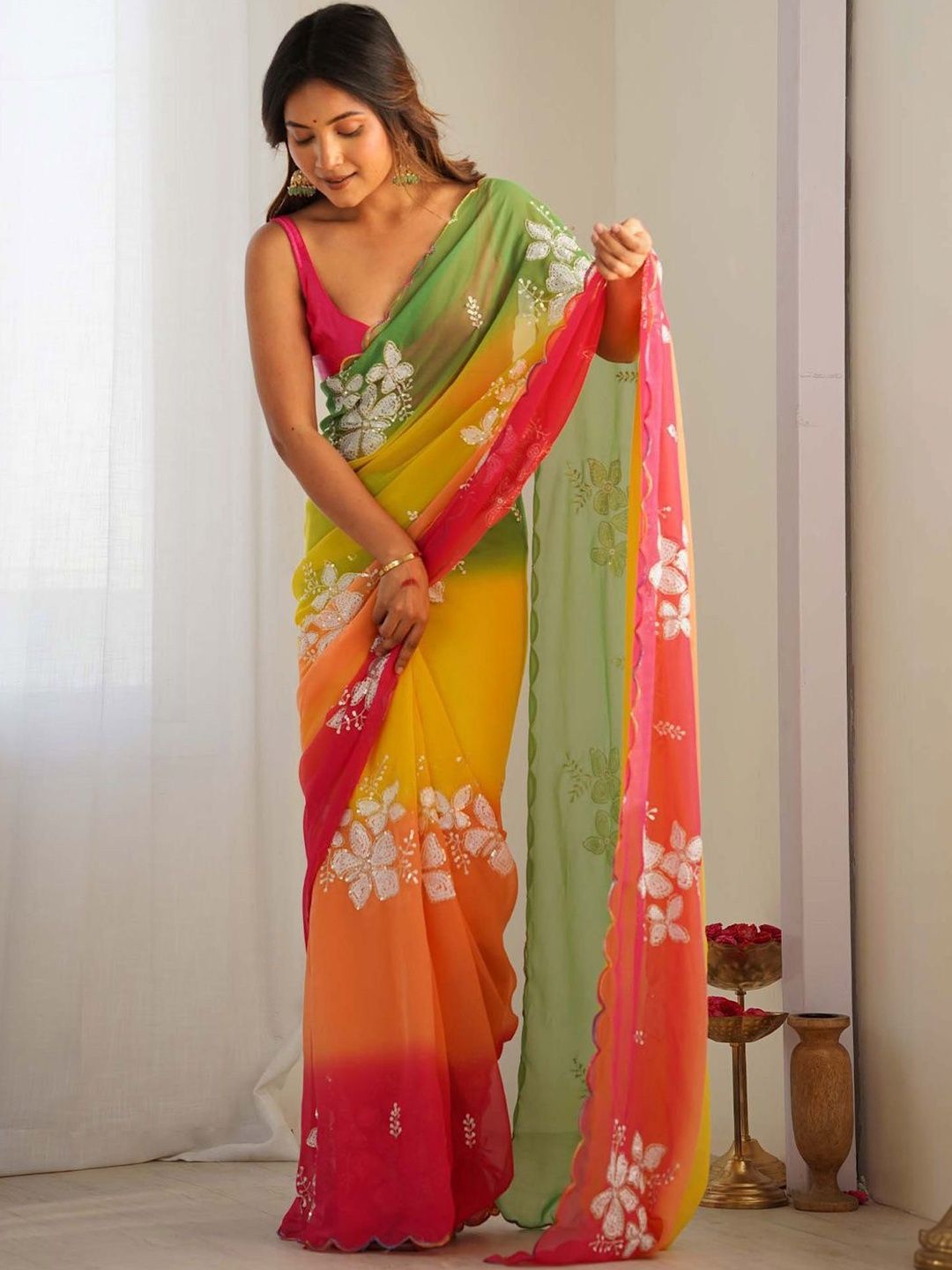 Urban Pallu Floral Embroidered Poly Georgette Designer Saree