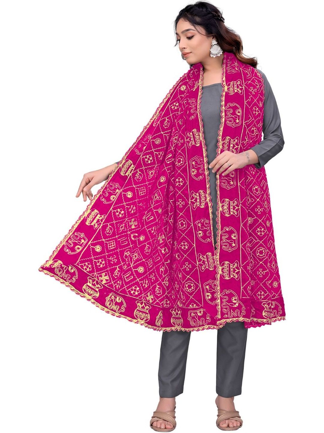 Kemza Ethnic Motifs Embroidered Art Silk Ikat Dupatta with Sequinned