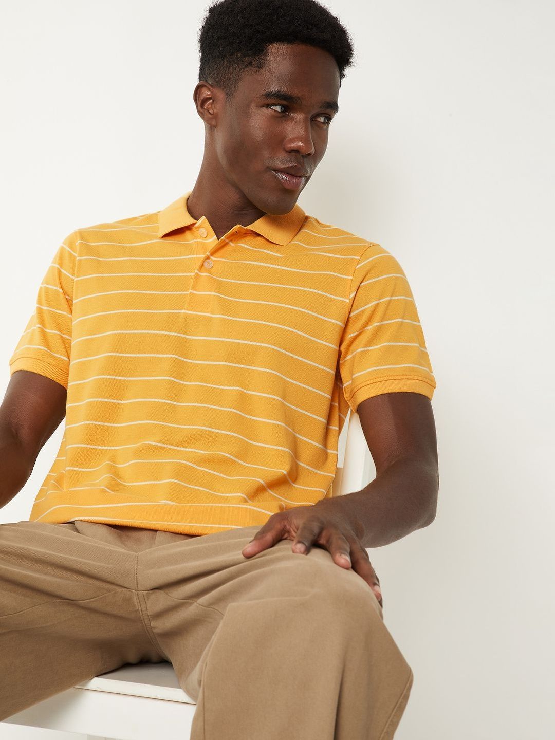 max Men Striped Polo Collar Pure Cotton T-shirt