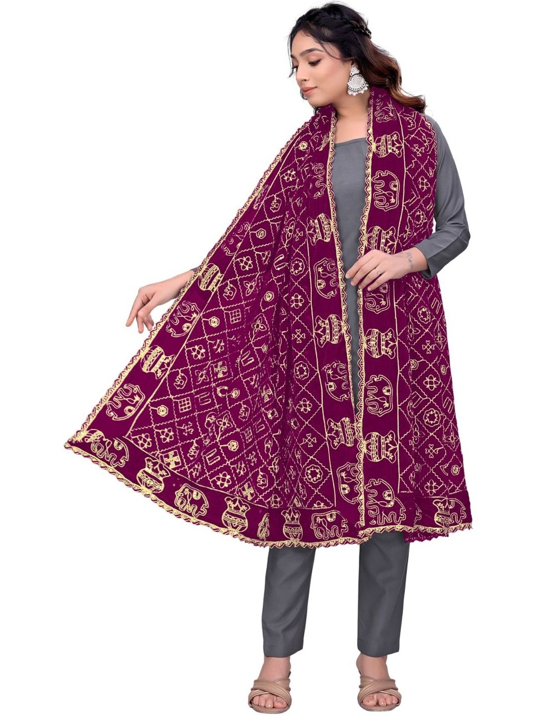 Kemza Ethnic Motifs Embroidered Art Silk Ikat Dupatta with Sequinned