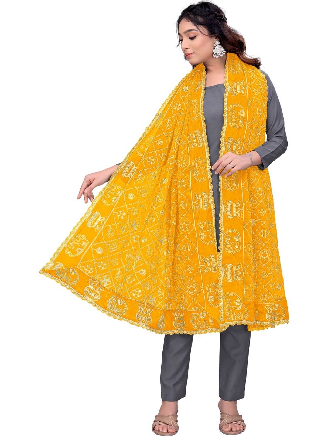 Kemza Ethnic Motifs Embroidered Art Silk Ikat Dupatta with Sequinned