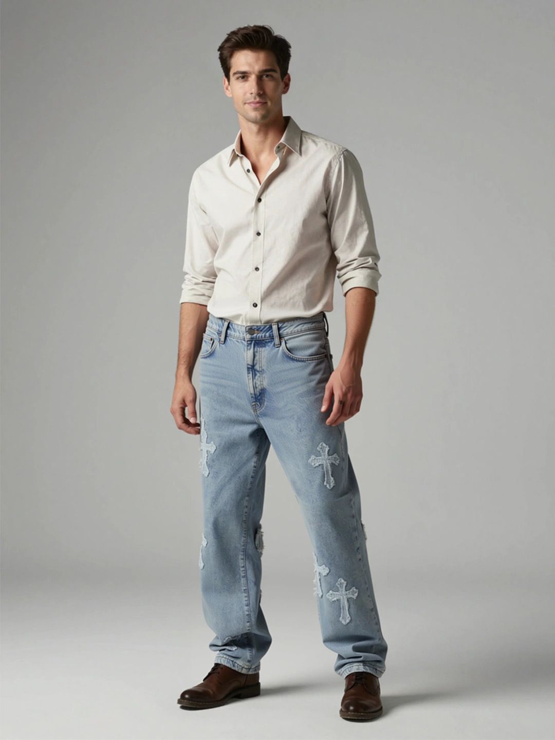 ANDREW HILL Men Baggy Mid-Rise Distressed Light Fade Jeans